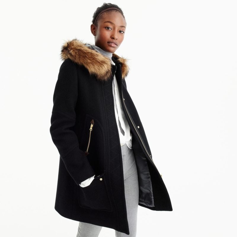 J.Crew Chateau parka in Italian stadium-cloth wool item G9093 Black parkas with faux fur trim women winter 2018