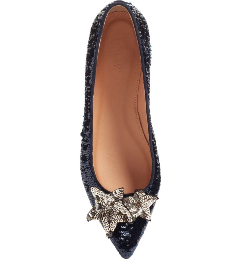 J.Crew Harlech Sequin Star Flat Navy Sequin Fabric embellished flats holidays winter 