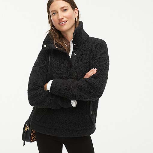 J.Crew Snap collar sherpa sweatshirt in Polartec® fleece Black fleece pullovers