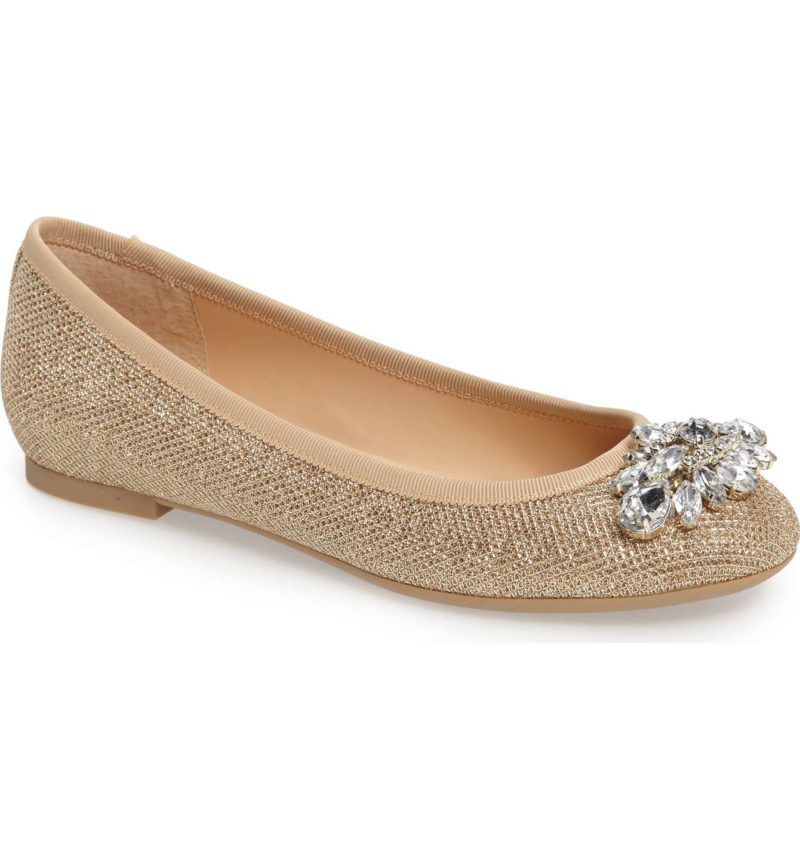 JEWEL BADGLEY MISCHKA Cabella Embellished Ballet Flat Gold Fabric embellished flats holidays winter