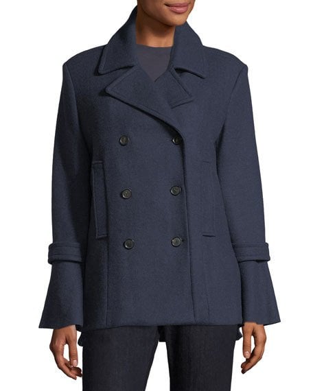 Joie Aeolia Double-Breasted Wool-Blend Pea Coat Blue bell sleeve peacoats winter holidays women