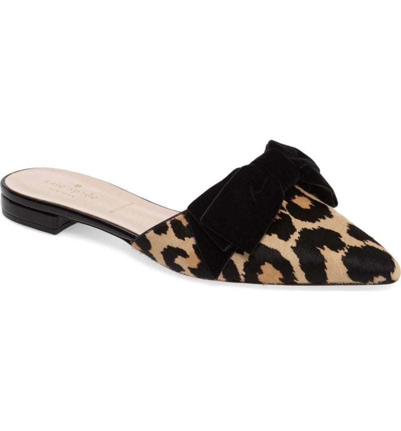 KATE SPADE NEW YORK belgrove genuine calf hair mule leopard print bow mules black