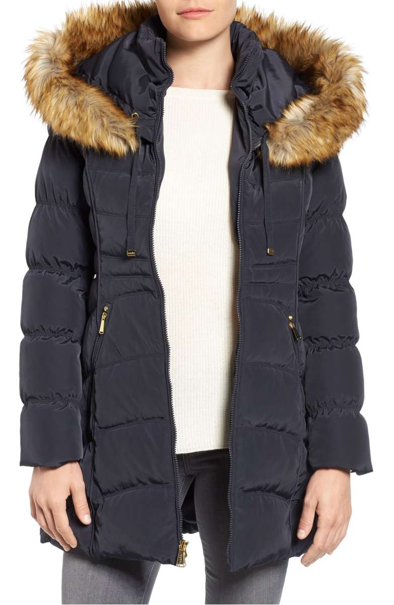 LAUNDRY BY SHELLI SEGAL Hooded Down & Feather Fill Coat with Detachable Faux Fur Trim Mystic Blue parkas with faux fur trim winter women 2018