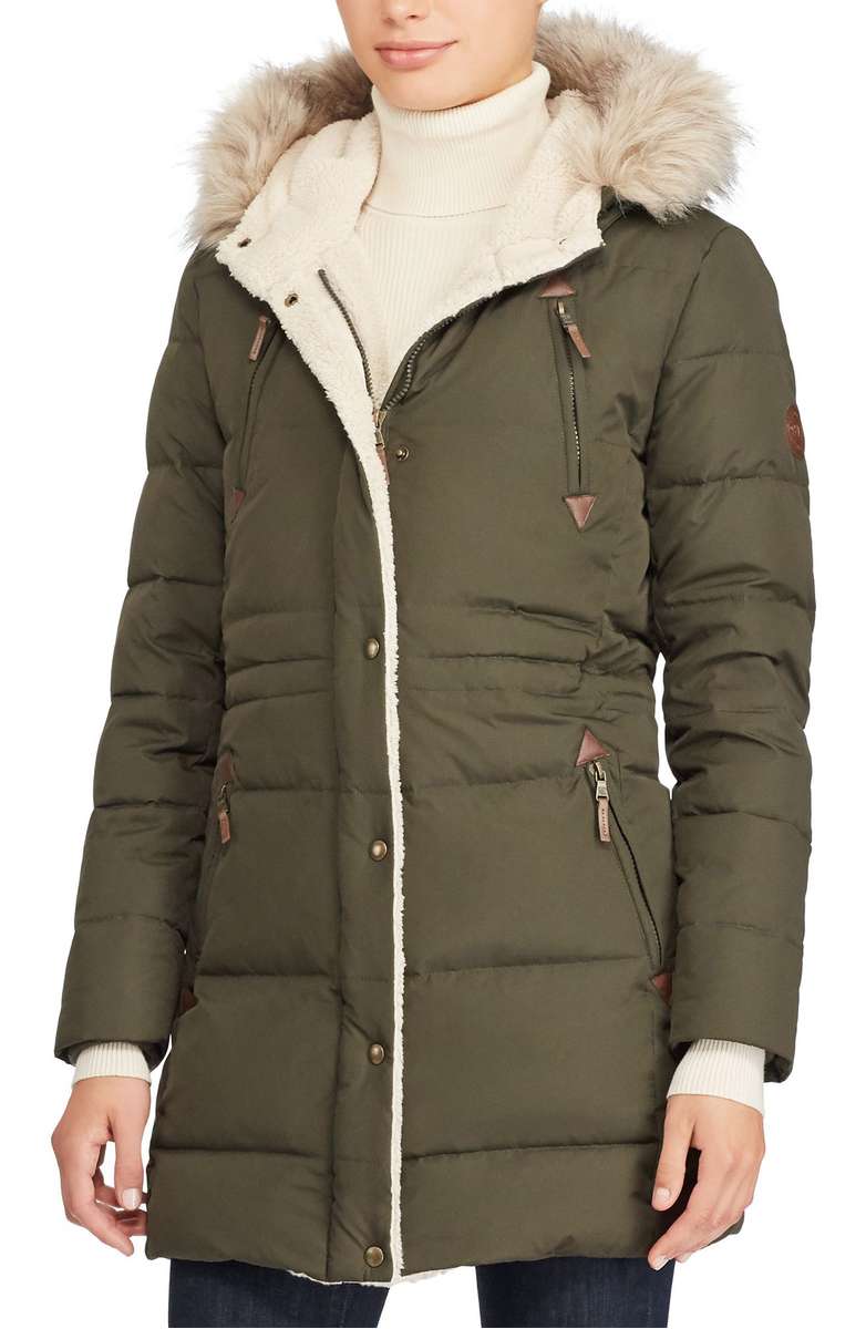 LAUREN RALPH LAUREN Faux Fur Trim Down & Feather Fill Parka Litchfield parkas with faux fur trim women winter 2018