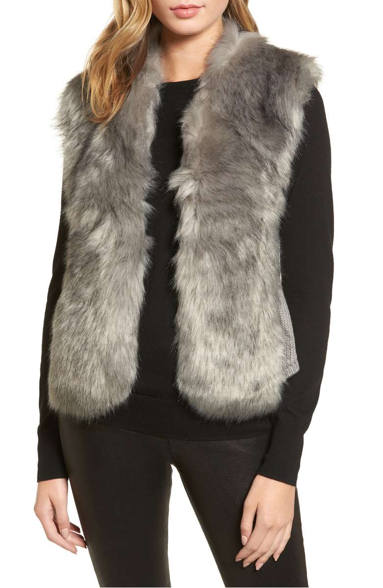 LOVE TOKEN Faux Fur Knit Vest Grey faux fur vests holiday parties winter women