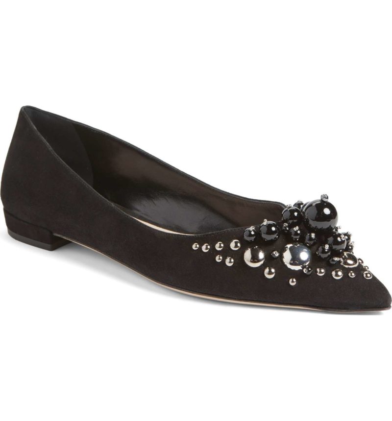 MIU MIU Embellished Pointy Toe Flat Black Suede embellished flats holidays winter