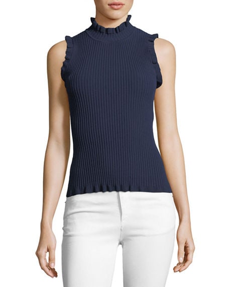 Milly Ruffle-Edge Rib Shell Top Navy Blue mock neck sweaters holidays winter spring 2018