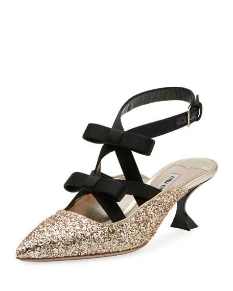 Miu Miu Glitter Bow Ankle-Wrap 55mm Mule Gold Black bow mules holidays winter 
