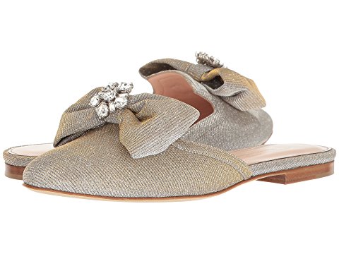 Oscar de la Renta Patrizia Embellished Bow Mule Platinum Metallic Lame bow mules 