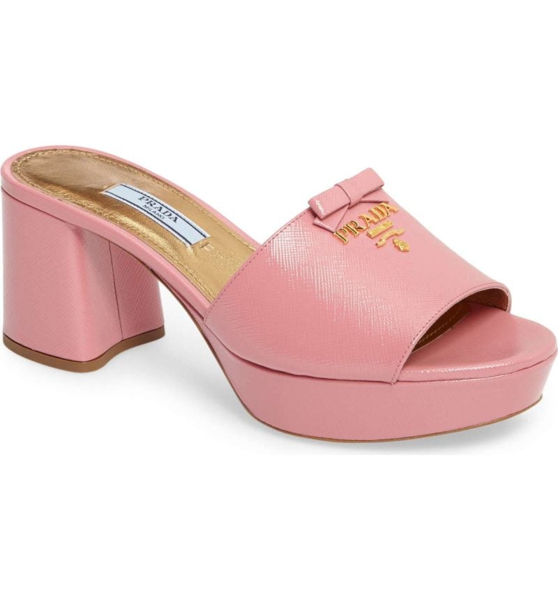 PRADA Logo Block Heel Mule Pink holiday winter bow mules 