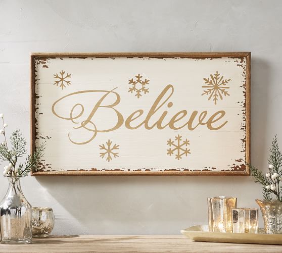 Pottery Barn BELIEVE ART White Gold Snowflakes pottery barn winter warehouse sale