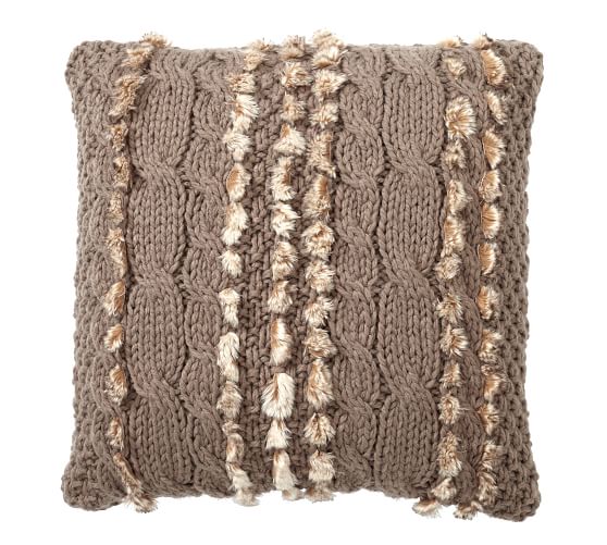 Pottery Barn CABLE KNIT WITH FAUX FUR PILLOW COVER Taupe pottery barn home decor sale