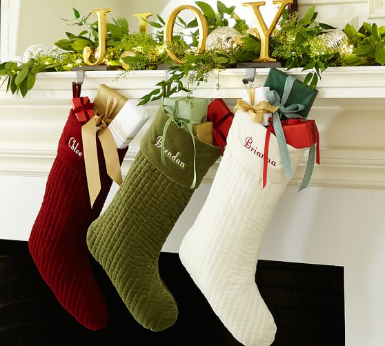 Pottery Barn CHANNEL QUILTED VELVET STOCKING Green Ivory Ruby pottery barn winter warehouse sale
