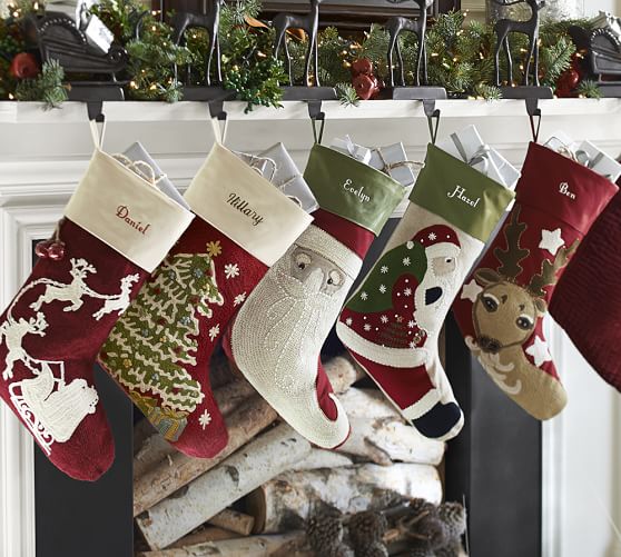 Pottery Barn CLASSIC CREWEL STOCKING Santa's Sleighbells pottery barn winter warehouse sale