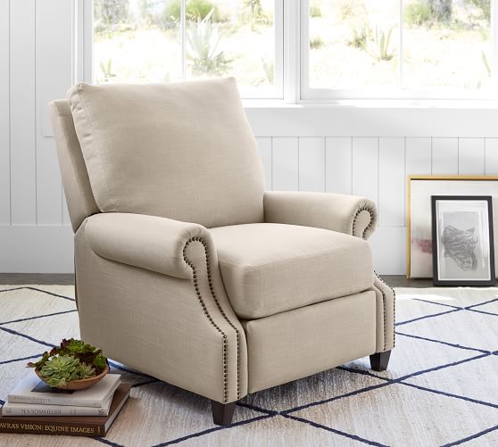 Pottery Barn JAMES UPHOLSTERED RECLINER Nailhead Trim pottery barn recliners sale 25 percent off