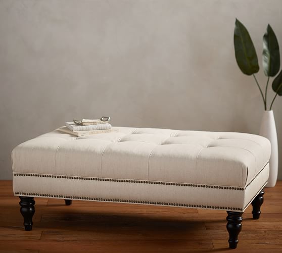 Pottery Barn MARTIN RECTANGLE OTTOMAN Tufted Upholstered Nailhead Trim pottery barn holiday furniture sale