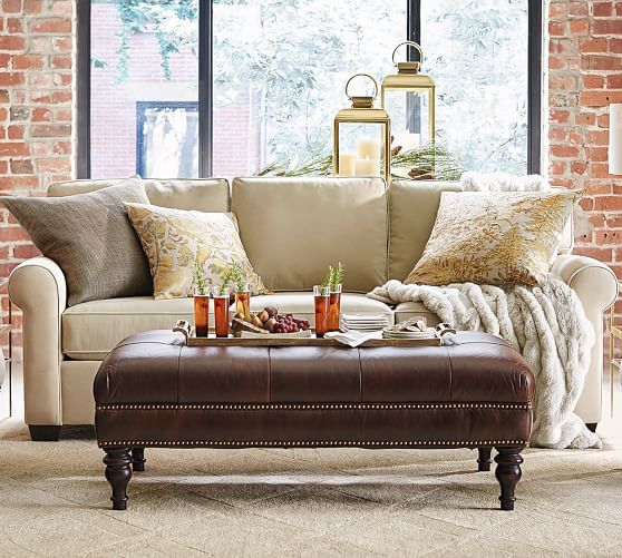 Pottery Barn MARTIN TUFTED LEATHER OTTOMAN Brown Gray Nailhead Trim pottery barn holiday furniture sale