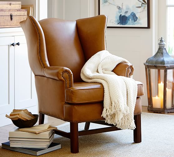 Pottery Barn THATCHER LEATHER WINGBACK CHAIR Leather Toffee Nailhead Trim Pottery barn holiday gifts buy more save more sale