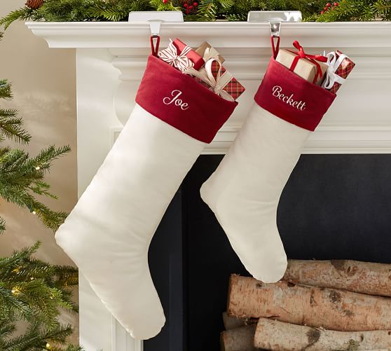 Pottery Barn VELVET STOCKING - IVORY WITH RED CUFF pottery barn winter warehouse sale
