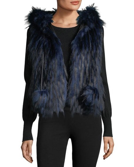Ramy Brook Hollie Hooded Faux-Fur Vest Pom Pom Ties Blue Pattern faux fur vests holidays winter women