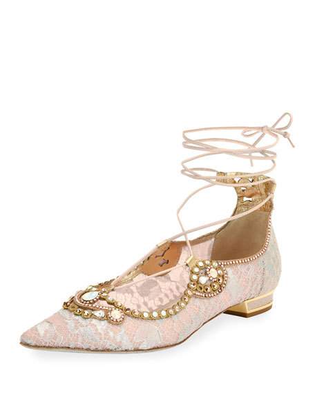 Rene Caovilla Embellished Lace Ankle-Tie Flat, Pink embellished flats winter holidays spring 