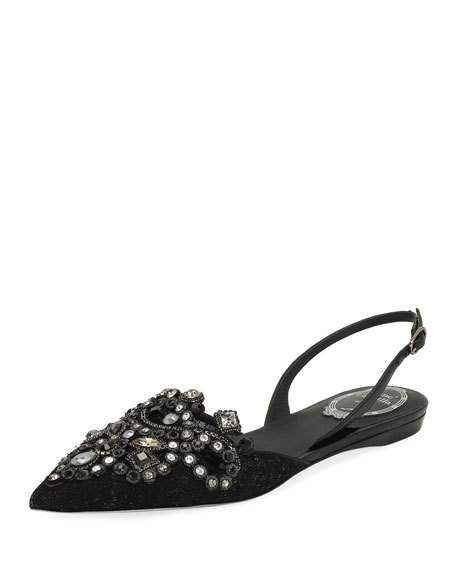 Rene Caovilla Embroidered Halter Slingback Flat Black Gray holidays winter embellished flats 