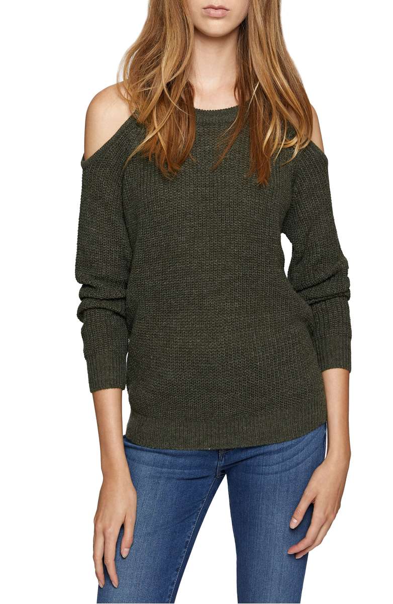 SANCTUARY Riley Cold Shoulder Sweater Heather Dark Fatigue cold shoulder sweaters under 100 dollars