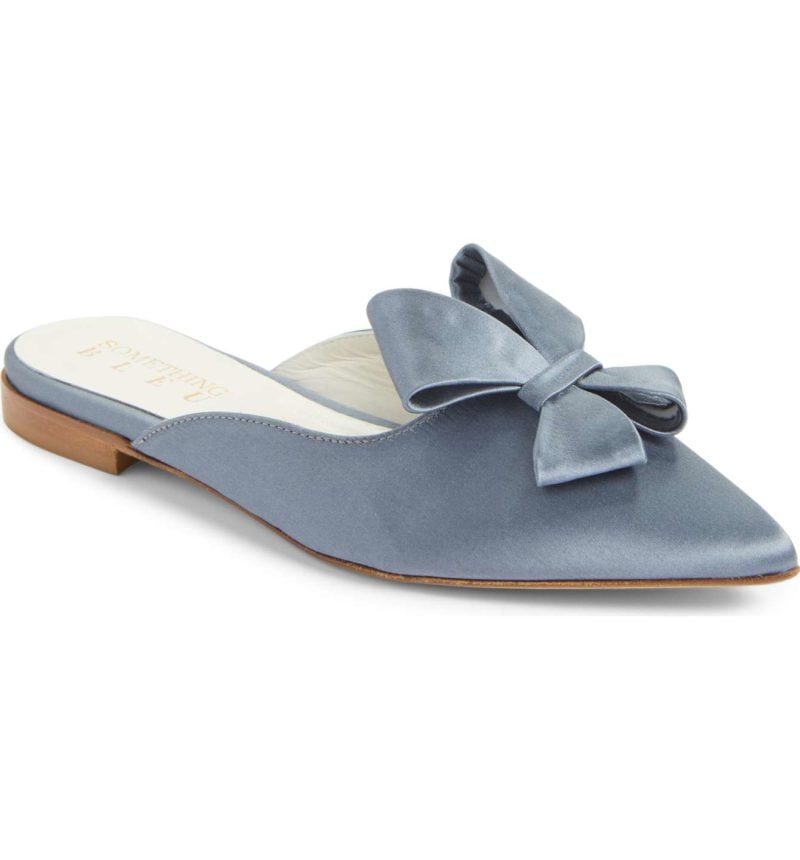 SOMETHING BLEU Bow Loafer Mule Steel Blue Satin bow mules holiday winter 