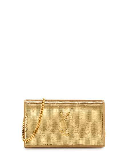 Saint Laurent Monogram Sequined Wallet on a Chain, Gold sequin clutch bags holiday new year's eve party