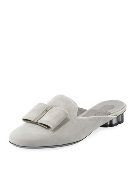 Salvatore Ferragamo Velvet Vara Bow Flat Mule Urban Grey Pale G bow mules holidays winter 