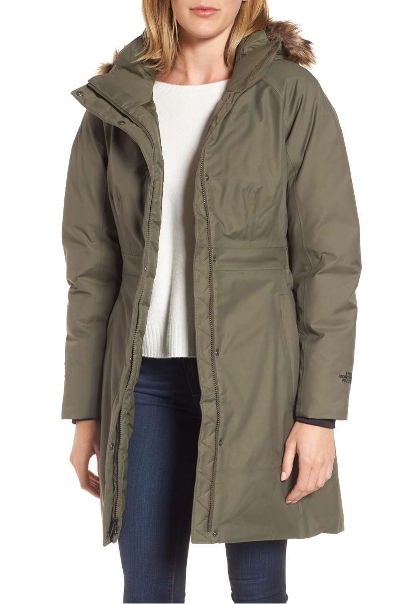 THE NORTH FACE Arctic II Waterproof 550-Fill-Power Down Parka with Faux Fur Trim New Taupe Green parkas with faux fur trim women winter 2018