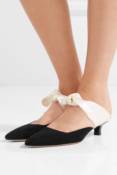 THE ROW Coco suede and satin mules black suede ivory satin bow mules holidays winter 
