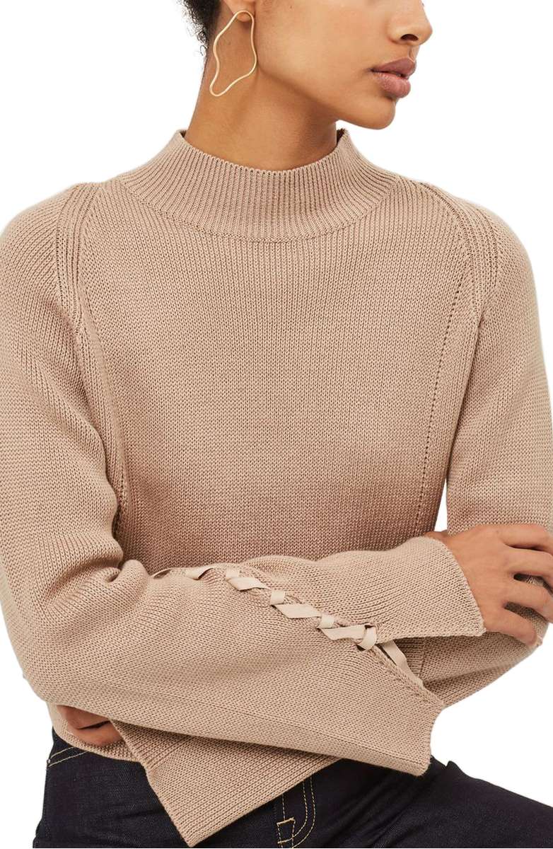 TOPSHOP Lace Sleeve Funnel Neck Sweater Color Mink mock neck sweaters holidays winter 
