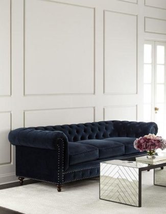 Tia 3-Cushion Chesterfield Tufted Sofa Navy Blue Nailhead Trim cotton velvet horchow friends and family sale