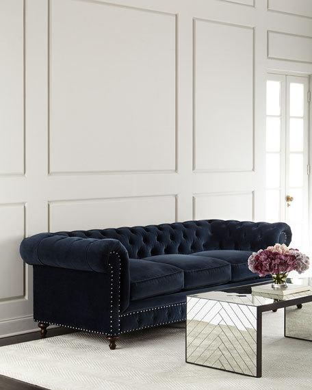 Tia 3-Cushion Chesterfield Tufted Sofa Navy Blue Nailhead Trim cotton velvet horchow friends and family sale