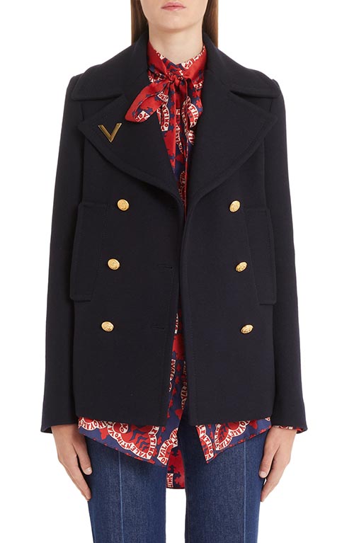 VALENTINO V-Detail Double Face Wool Peacoat Navy Blue peacoats women