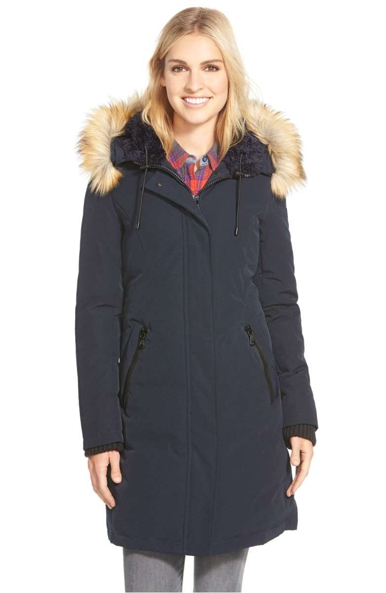 VINCE CAMUTO Down and Feather Fill Parka with Faux Fur Trim Navy Blue parkas with faux fur trim women winter 2018