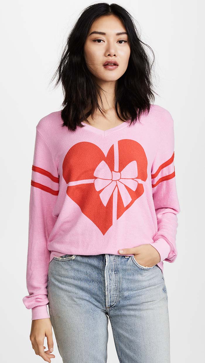 Wildfox Ribbon Heart V Neck Tee Dream House Pink Red holiday shirts for women for christmas