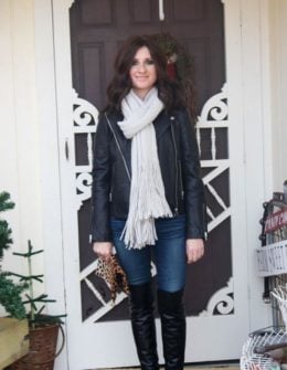candace rose anderson candieanderson blog new year's eve black leather moto jacket oversized free people scarf stuart weitzman 5050 black leather over the knee boots candie leopard print clutch