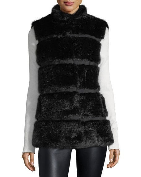 kate spade new york faux fur stand-collar vest with grosgrain inserts black faux fur vests holidays winter