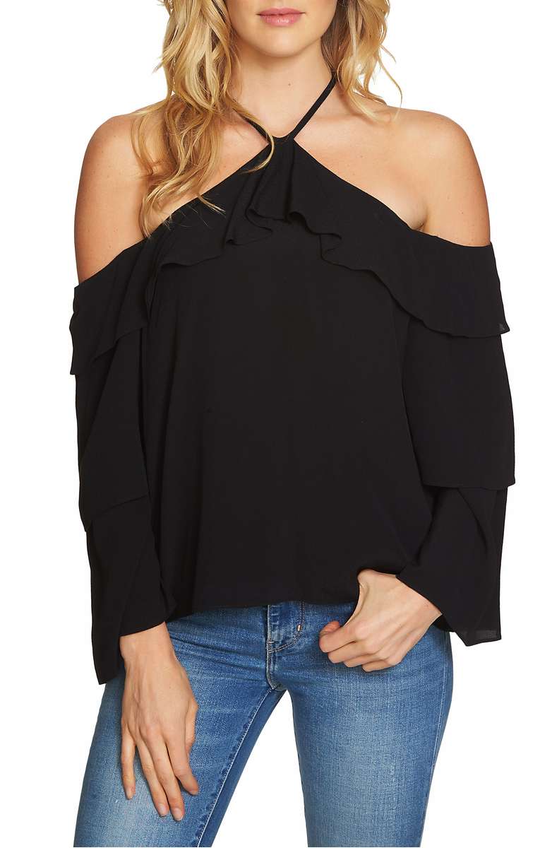 1.STATE Ruffle Cold Shoulder Blouse Rich Black off the shoulder blouses 