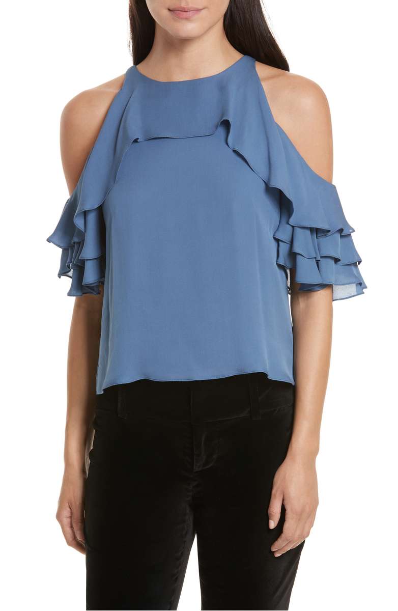 ALICE + OLIVIA Idalla Cold Shoulder Ruffle Silk Blouse Blue ruffle blouses spring