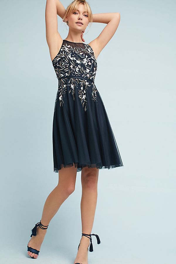 Alexia Admor Embroidered Tulle Party Dress Navy Blue anthropologie winter fashion sale