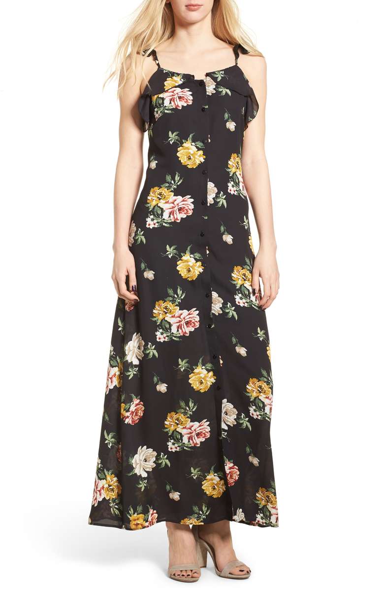 BP. Floral Ruffle Strap Maxi Dress Floral Ruffle Strap Maxi Dress Black Large Floral Print dresses women winter 
