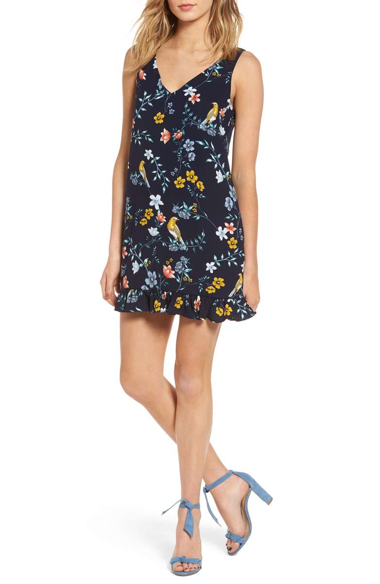 COOPER & ELLA Agness Slipdress Floral Bird Print Navy Blue floral print dresses women winter 2018
