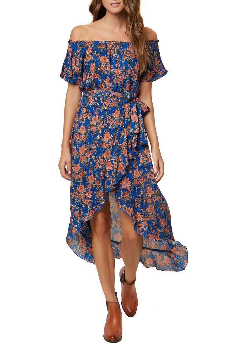 Constance Woven Wrap Off The Shoulder Maxi Dress Monoco Blue Floral Print dresses women winter 2018 