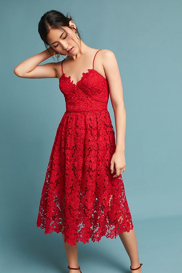 Donna Morgan Scarlet Lace Dress Red anthropologie winter fashion sale