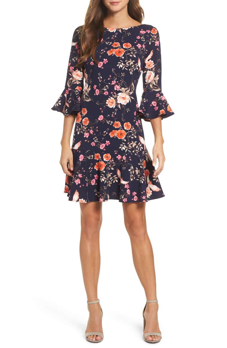 ELIZA J Bell Sleeve Flounce Dress Navy Blue floral print dresses winter 2018
