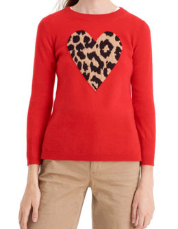 J.CREW Leopard Heart Everyday Cashmere Sweater Bright Cerise Leopard Print valentines day sweaters women