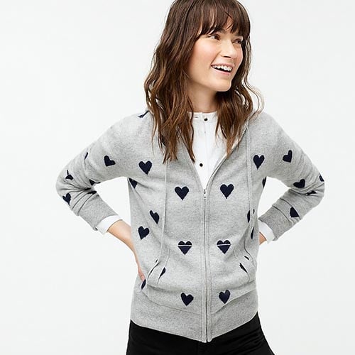 J.Crew Everyday cashmere full-zip heart hoodie Item AE935 Hthr Grey Navy blue valentines day sweaters